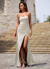 Luminous White Spaghetti Straps Stretch Satin Open Back Prom Dress