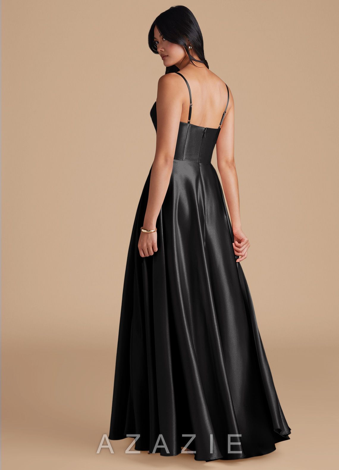 Azazie Elle Black A-Line with Pockets Metallic Satin Dress black