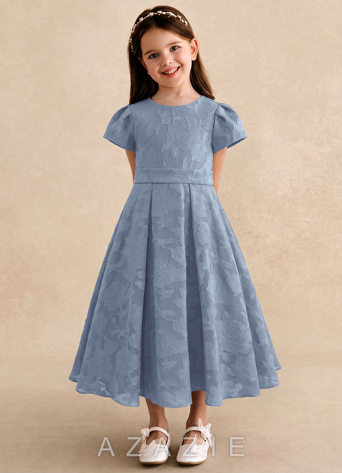 Azazie Princes Dusty Blue A-Line Pleated Floral Burnout Dress