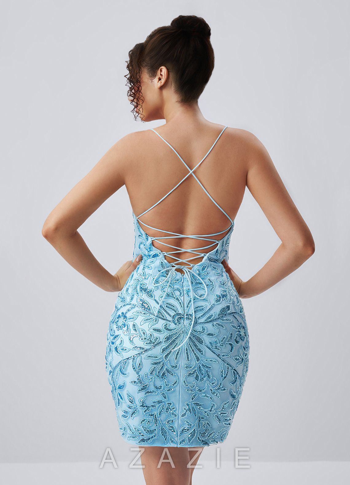 Liliane Sky Blue Spaghetti Strap Sequin Leaf Lace-Up Mini Dress