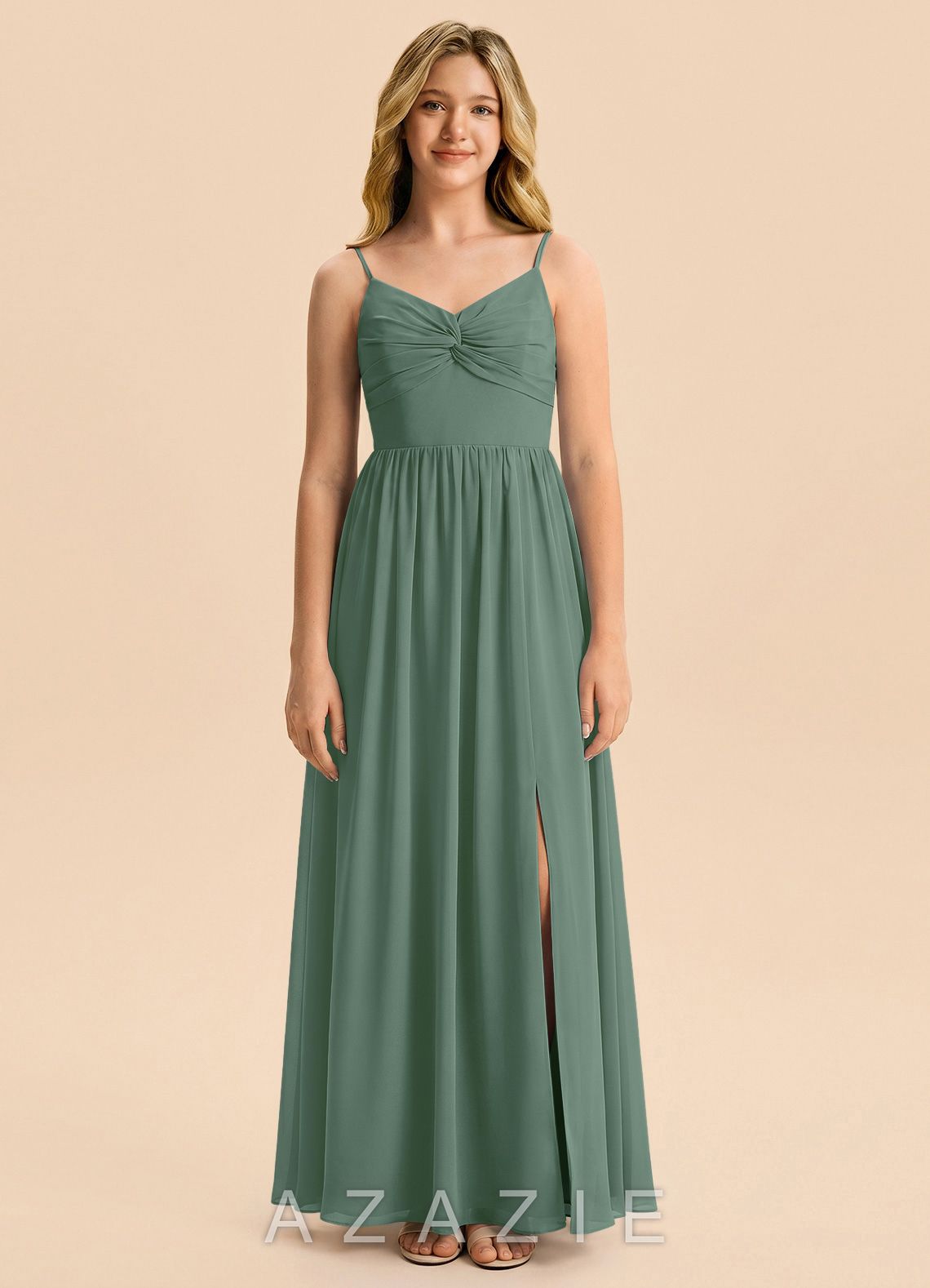 Azazie Zeya Junior Eucalyptus A-Line Chiffon Dress eucalyptus