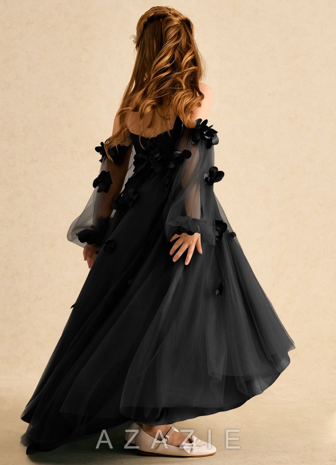 Azazie Karrie Black A-Line with Sleeves Tulle Dress black