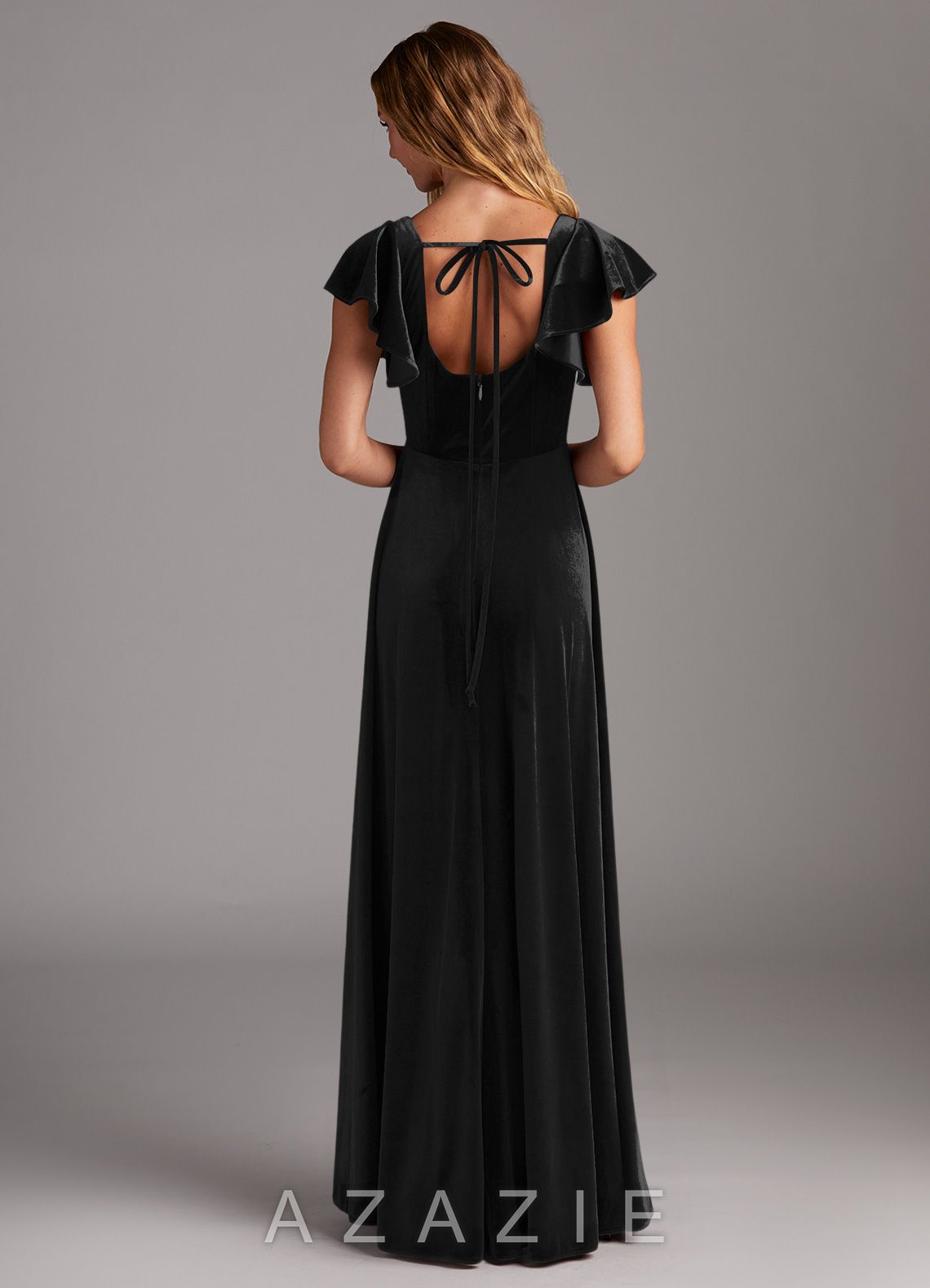 Azazie Bondi Black A-Line Side Slit Velvet Dress black