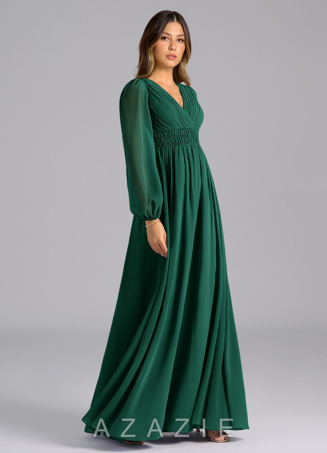 Azazie Palerma Emerald A-Line Long Sleeve Chiffon Dress emerald