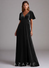 Azazie Kimber Black A-Line with Pockets Velvet Dress black