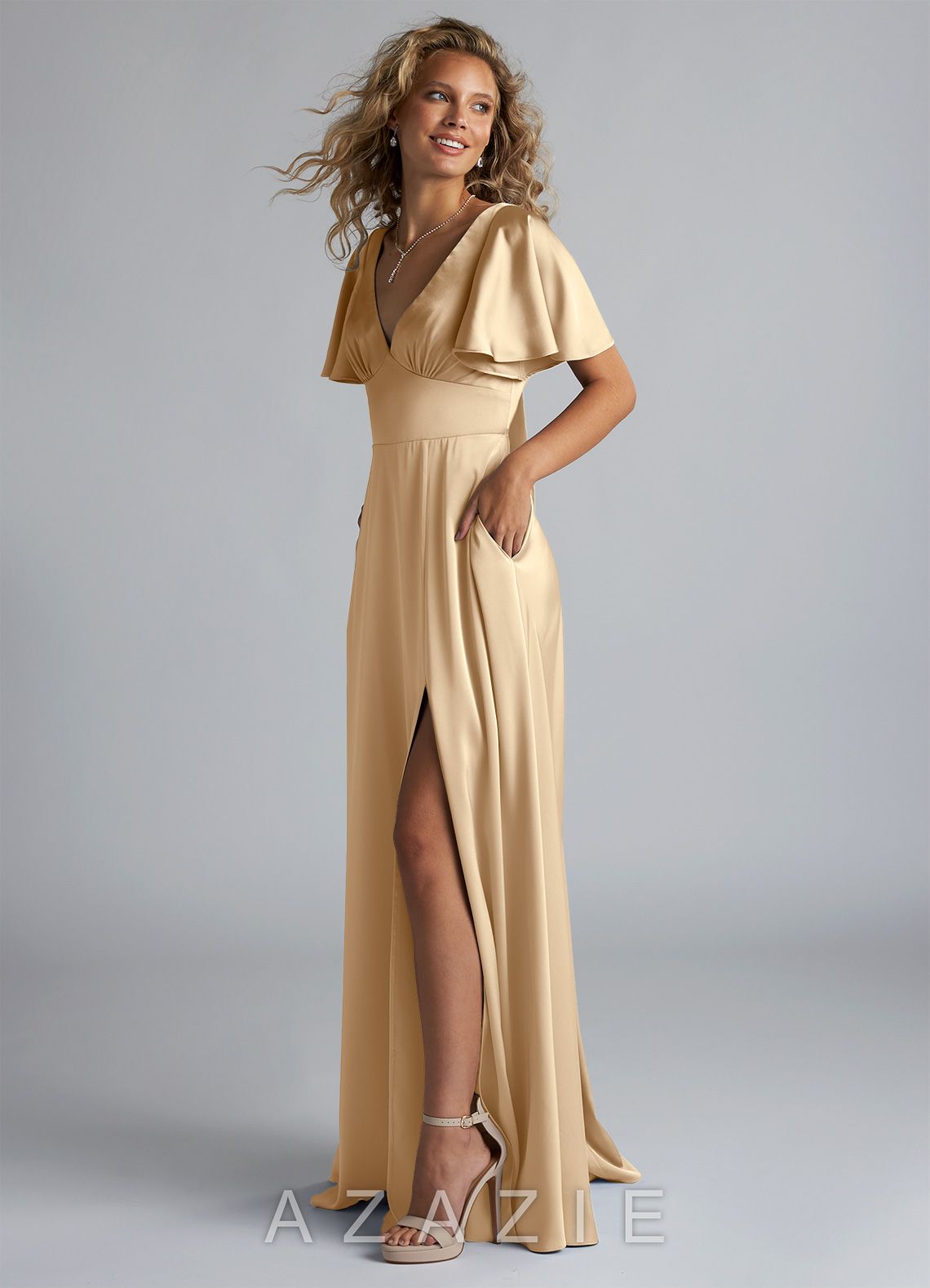 Azazie Kimber Champagne A-Line Ruched Stretch Satin Dress champagne