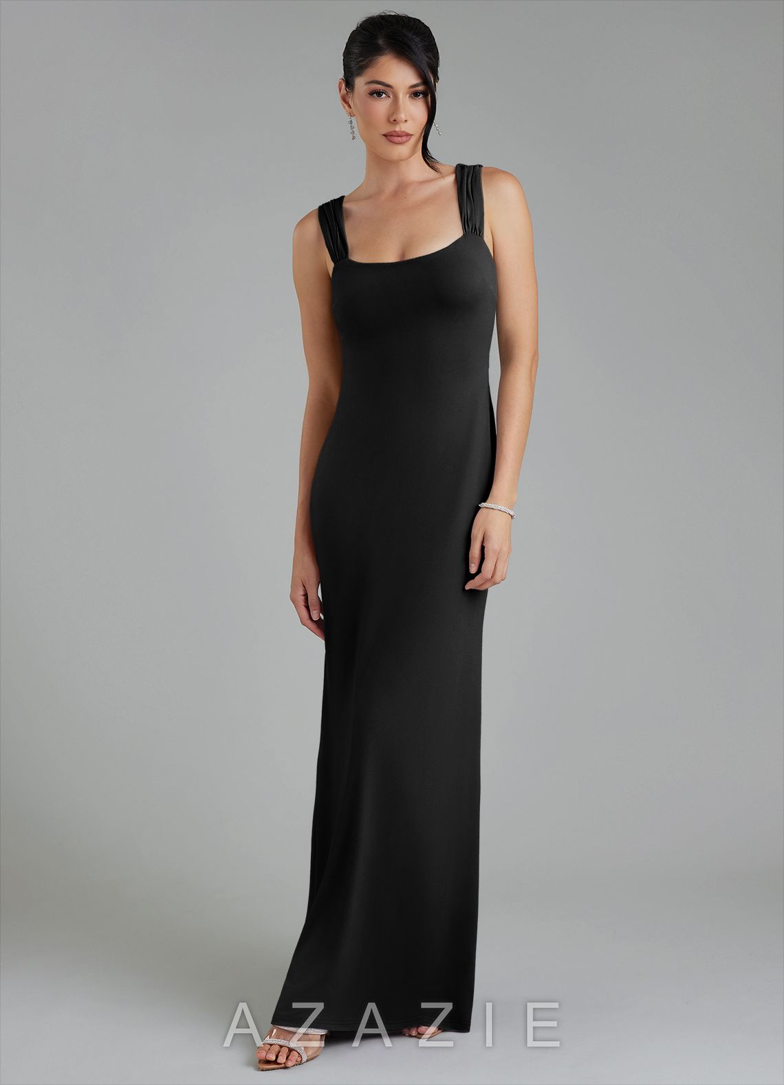 Azazie Ariel Black Mermaid Square Neckline Premium Stretch Jersey Dress black