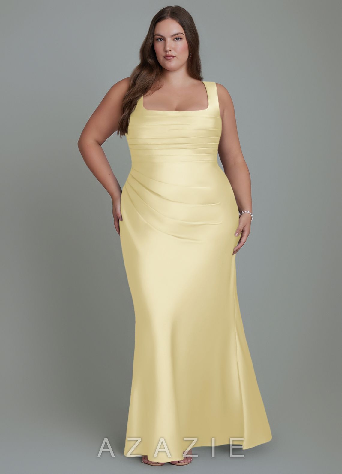 Azazie Agustina Lemon Sorbet Mermaid Corset Stretch Satin Dress