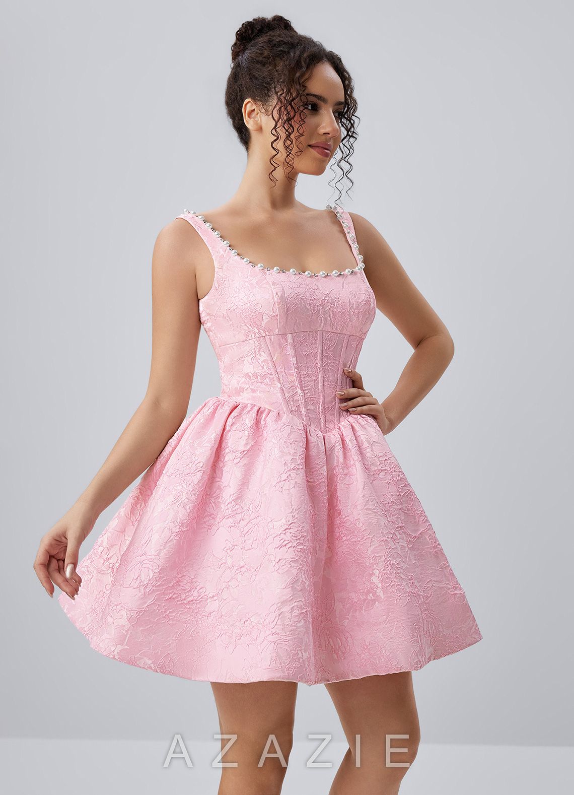 Phinsera Pink Jacquard Corset Lace-up Back Mini Dress