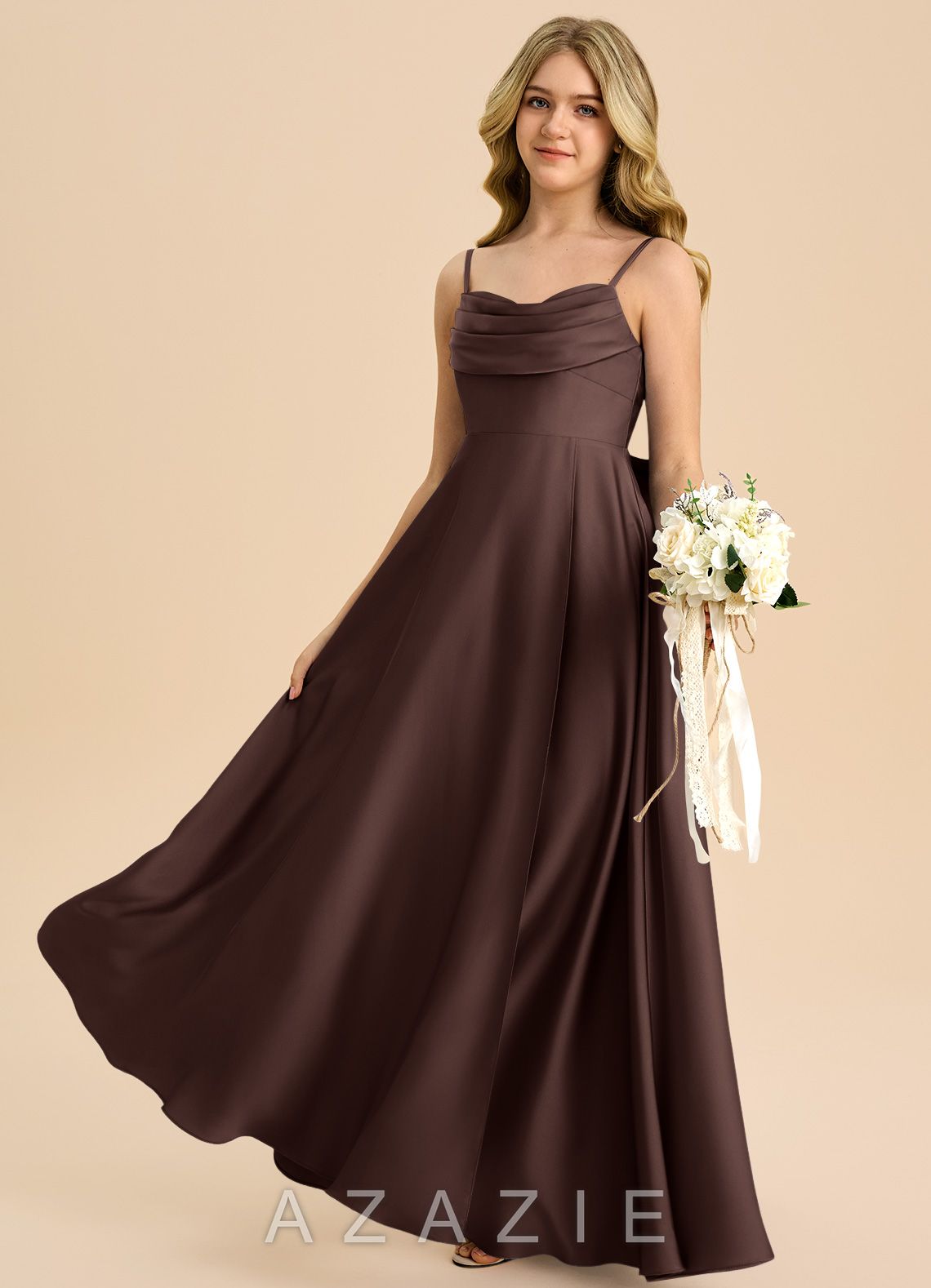 Azazie Bear Junior Ganache A-Line Sweetheart Neckline Stretch Satin Dress ganache