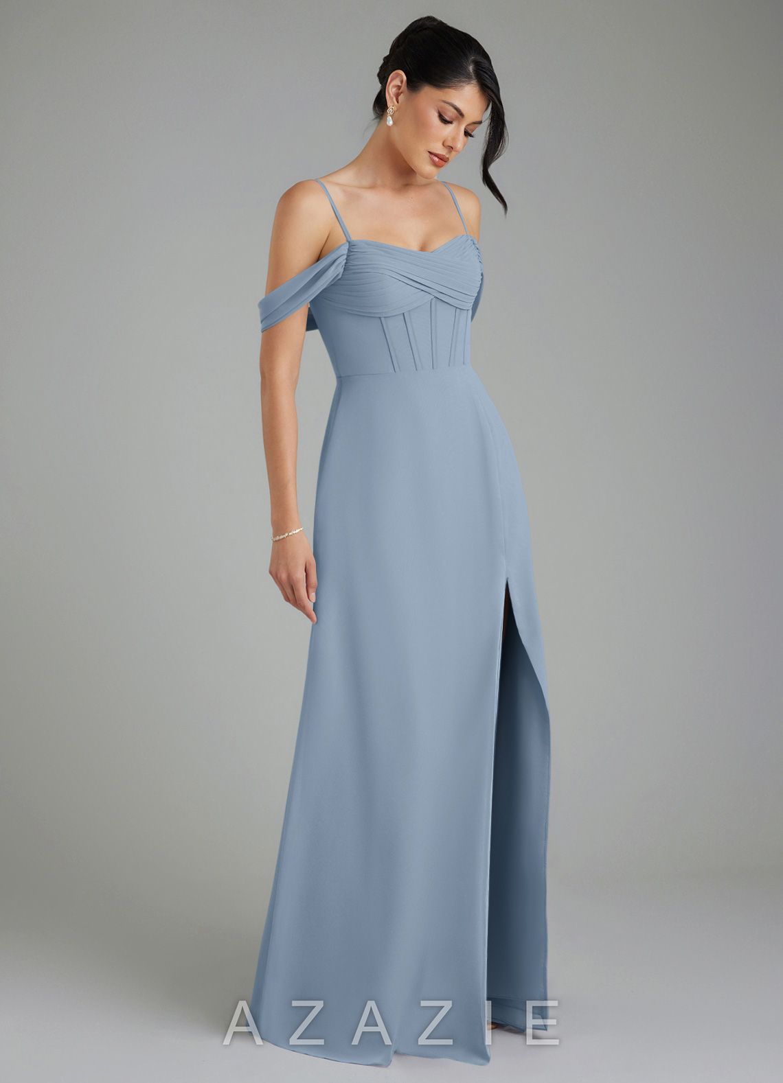 Azazie Cece Dusty Blue A-Line Off the Shoulder Chiffon Dress dusty_blue