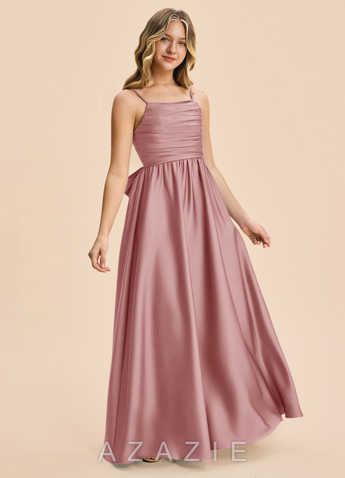 Azazie Kai Junior Dusty Rose A-Line Pleated Stretch Satin Dress dusty_rose