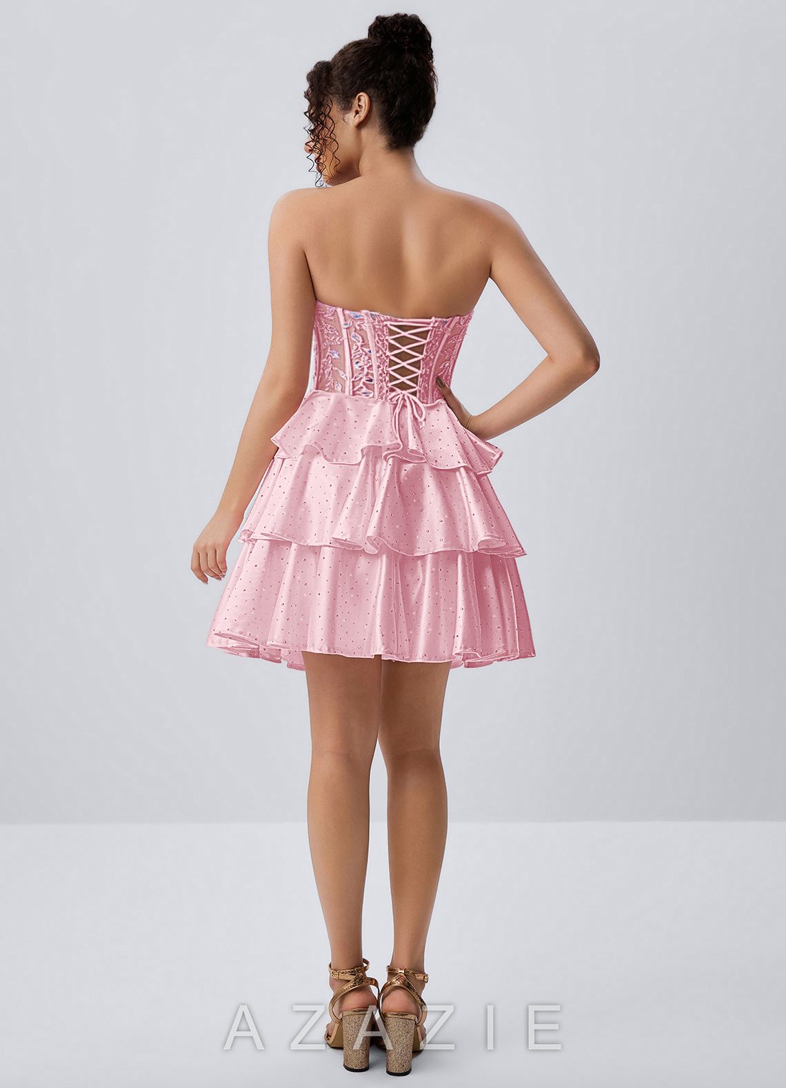 Maude Pink Strapless Floral Lace Corset Tiered Satin Mini Dress