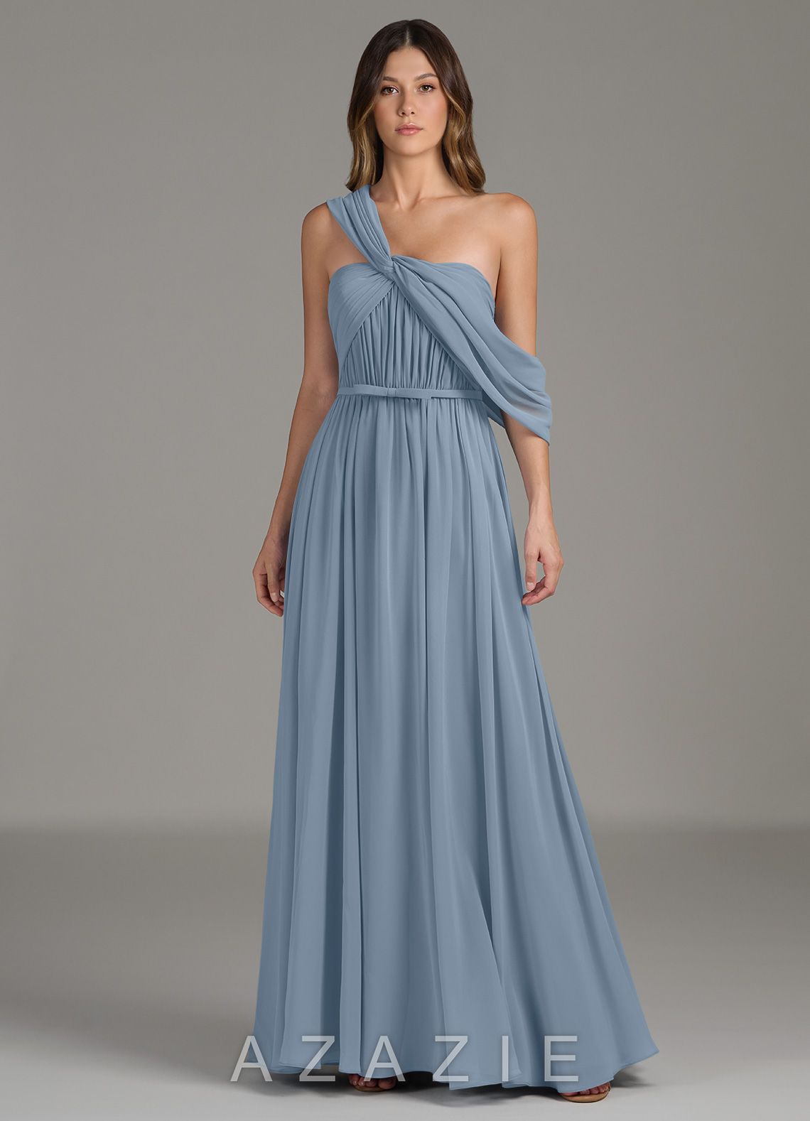 Azazie Nyah Dusty Blue A-Line Off the Shoulder Chiffon Dress