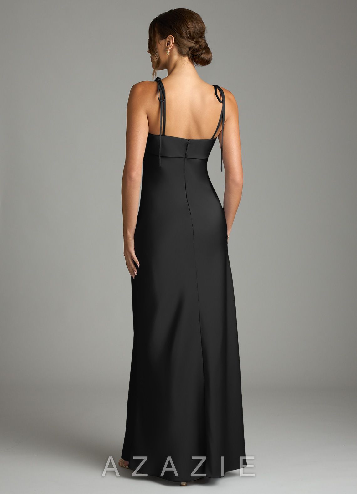 Azazie Ellia Black Sheath Bow Stretch Satin Dress black