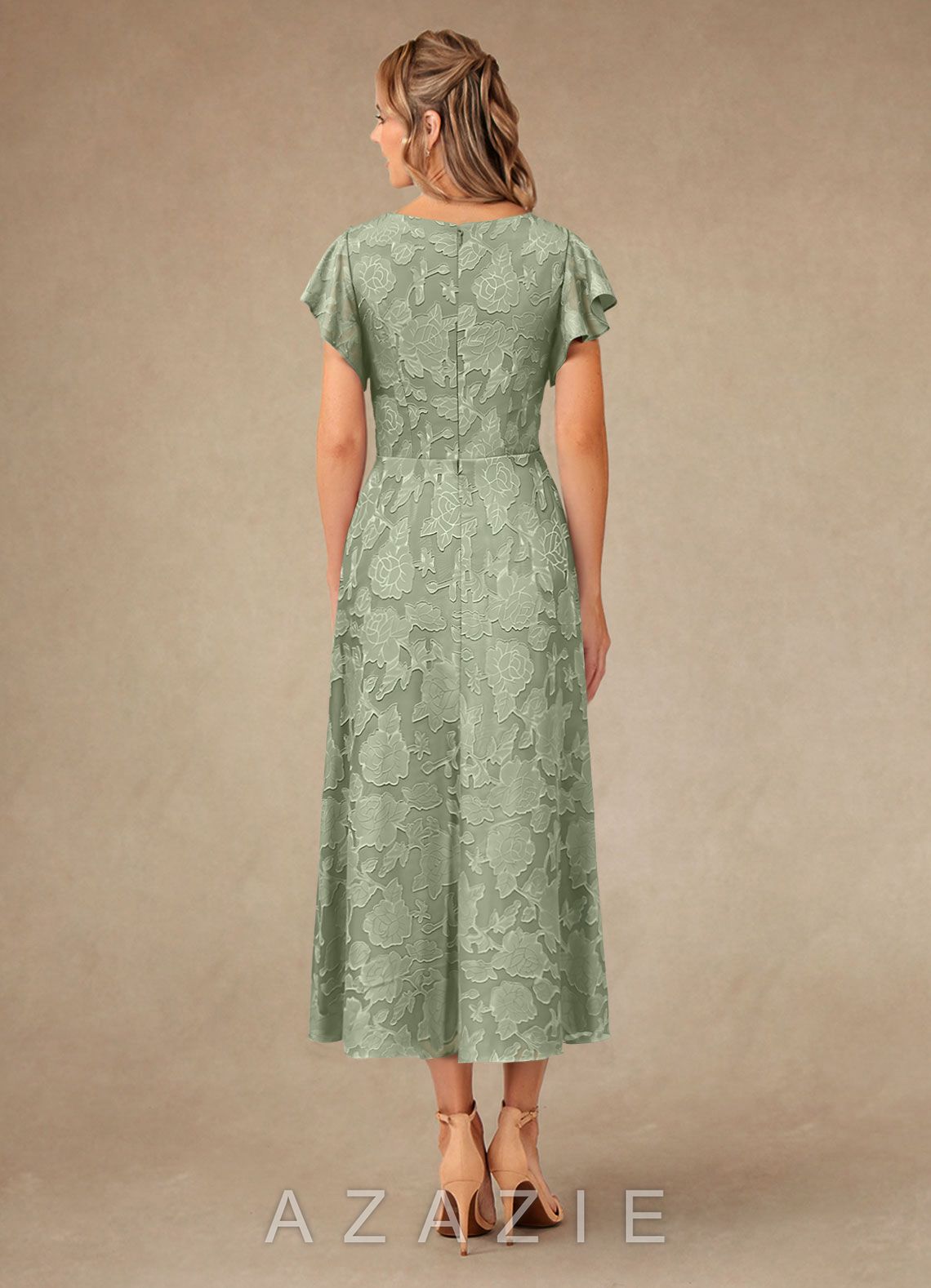 Azazie Vera Agave A-Line Pleated Floral Burnout Dress agave