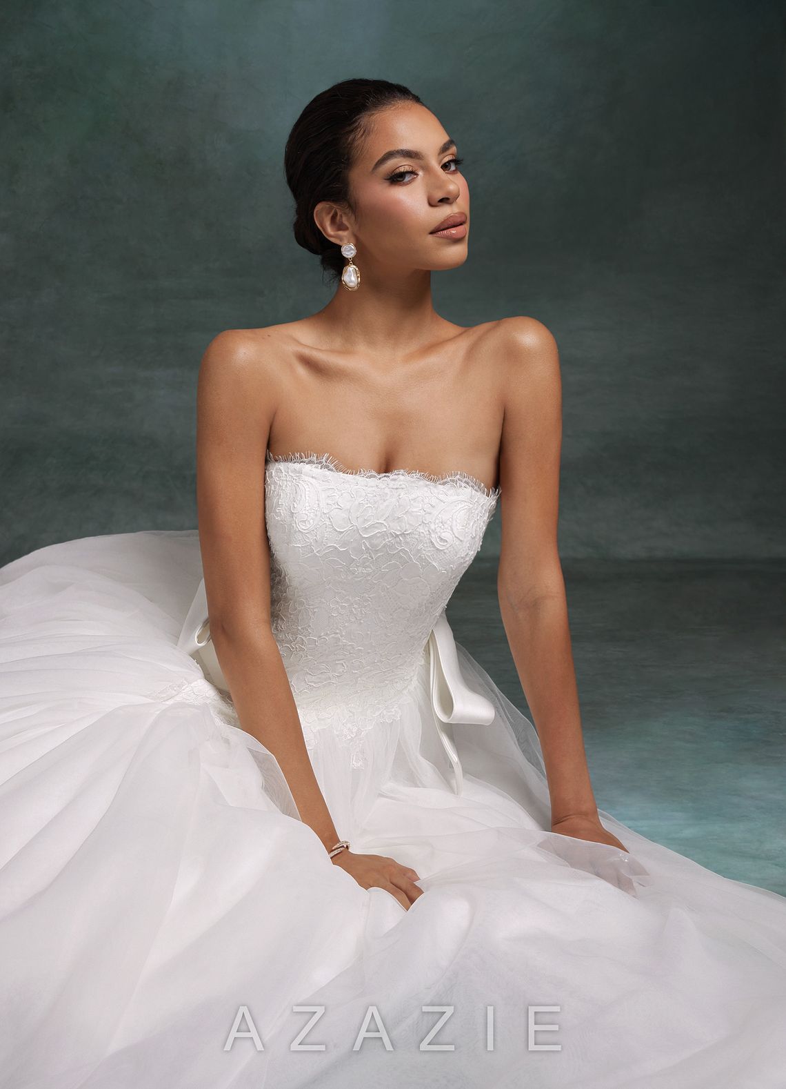 Azazie Raya Diamond White Ball-Gown Strapless Tulle Dress diamond_white