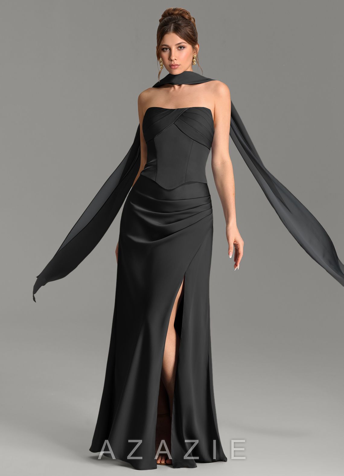 Azazie Nicki Black Sheath Corset Stretch Satin Dress black