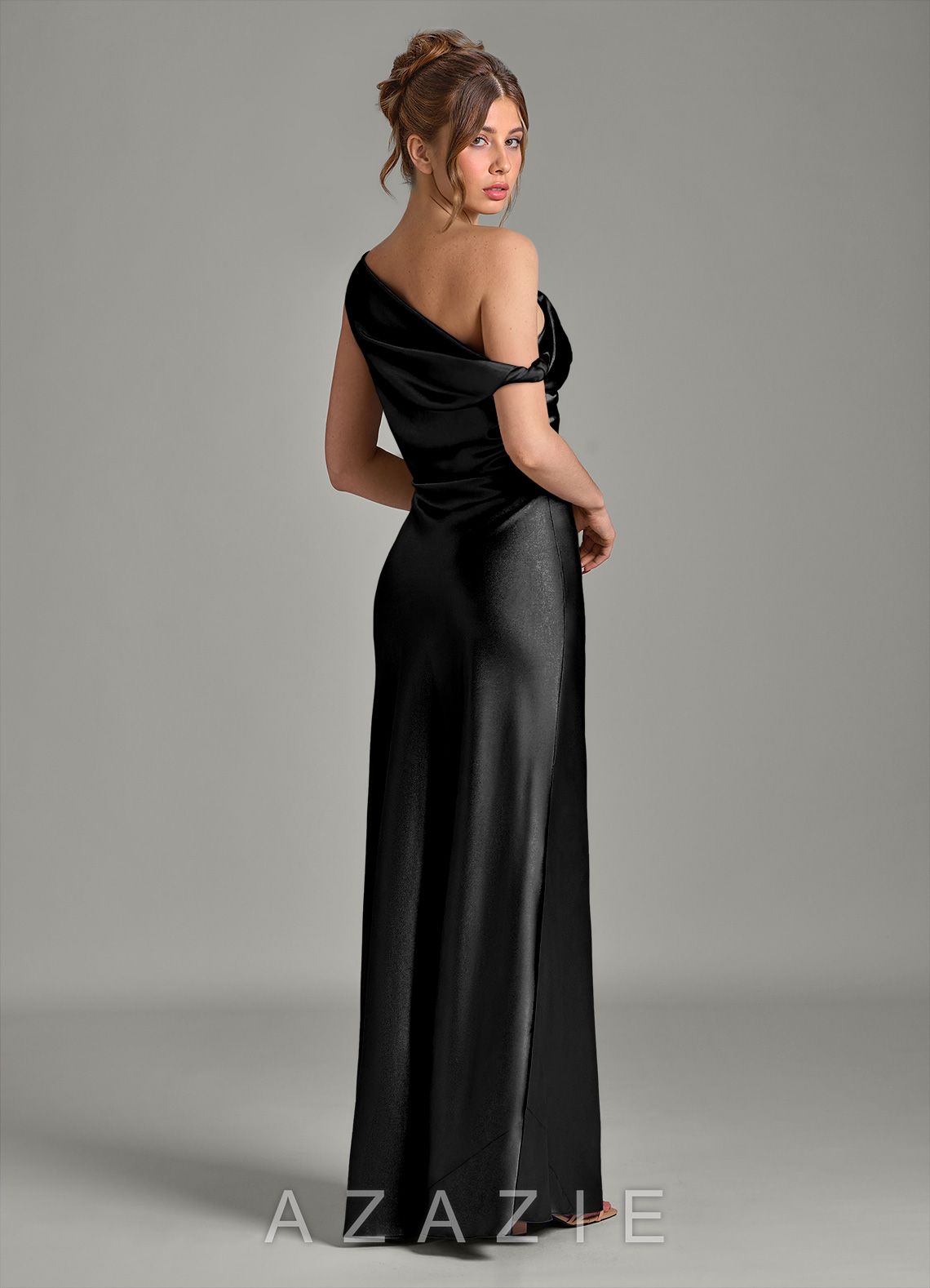 Azazie Emerson Black Mermaid Off the Shoulder Metallic Satin Dress black