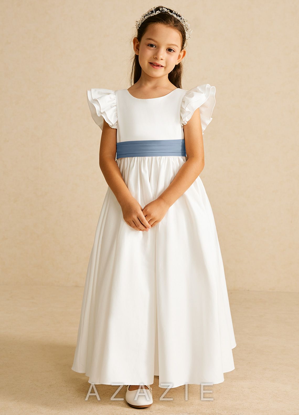 Azazie Aero Ivory Dusty Blue A-Line Pleated Cotton Dress ivory/dusty_blue