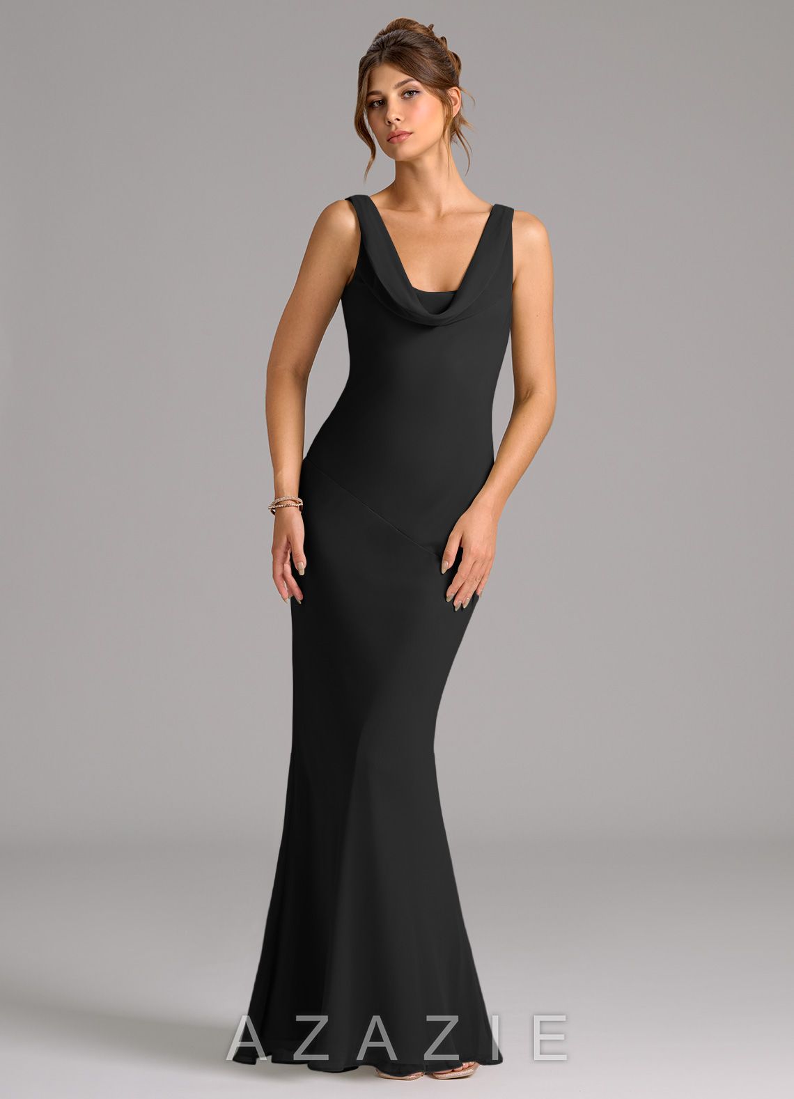 Azazie Rylina Black Mermaid Pleated Chiffon Dress