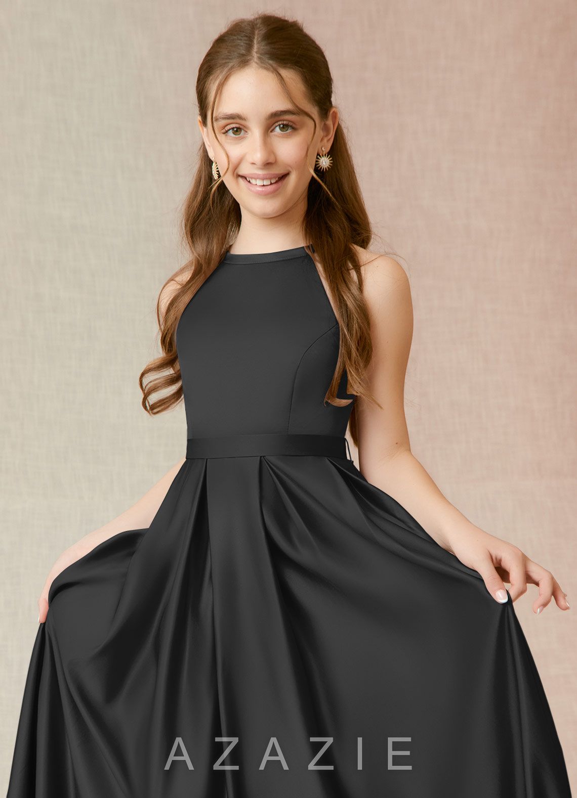 Azazie Arianthe Junior Black A-Line with Pockets Stretch Satin Dress black