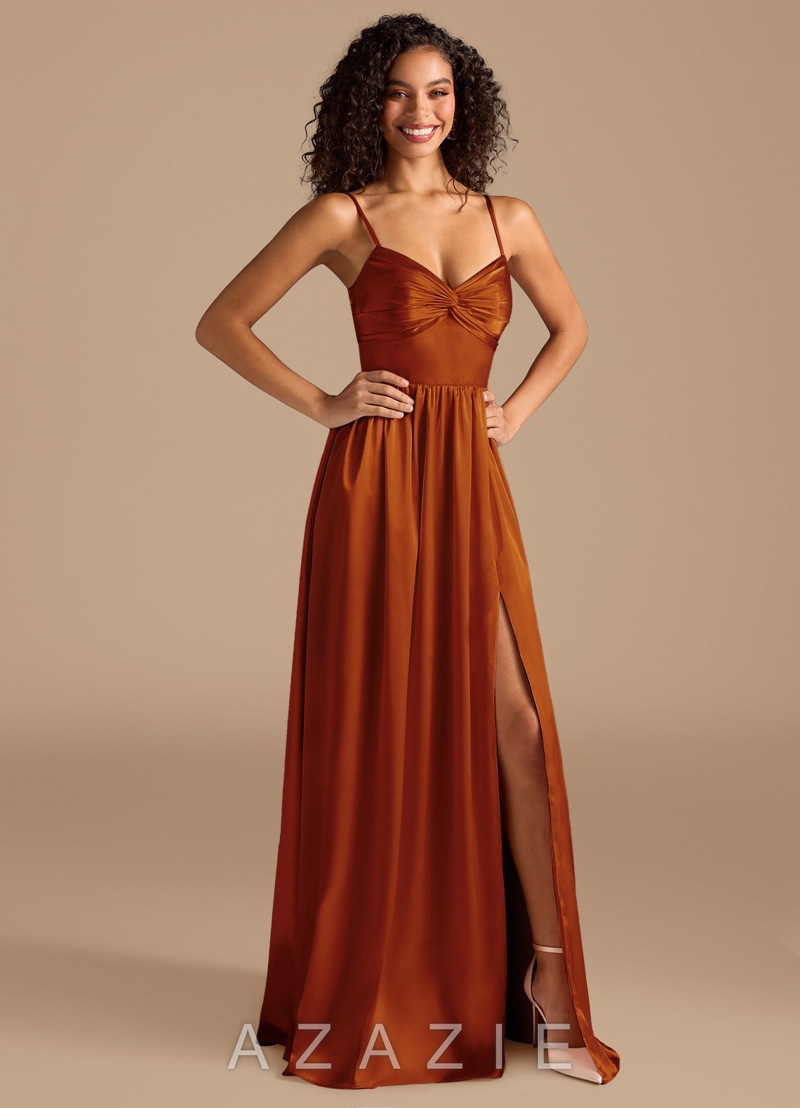 Azazie Zeya Auburn A-Line Pleated Metallic Satin Dress auburn