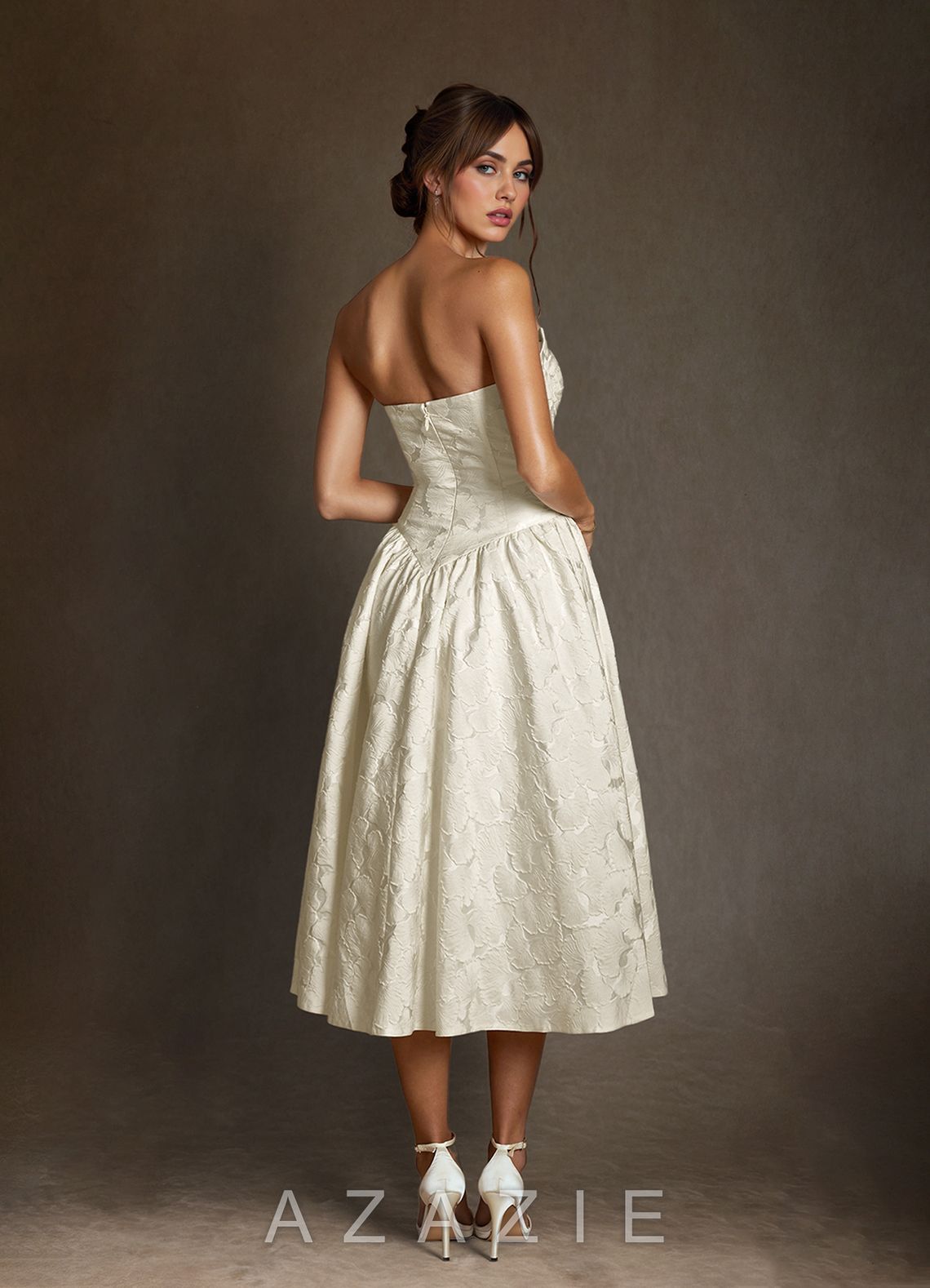 Azazie Devam Cream A-Line Strapless Floral Jacquard Dress cream