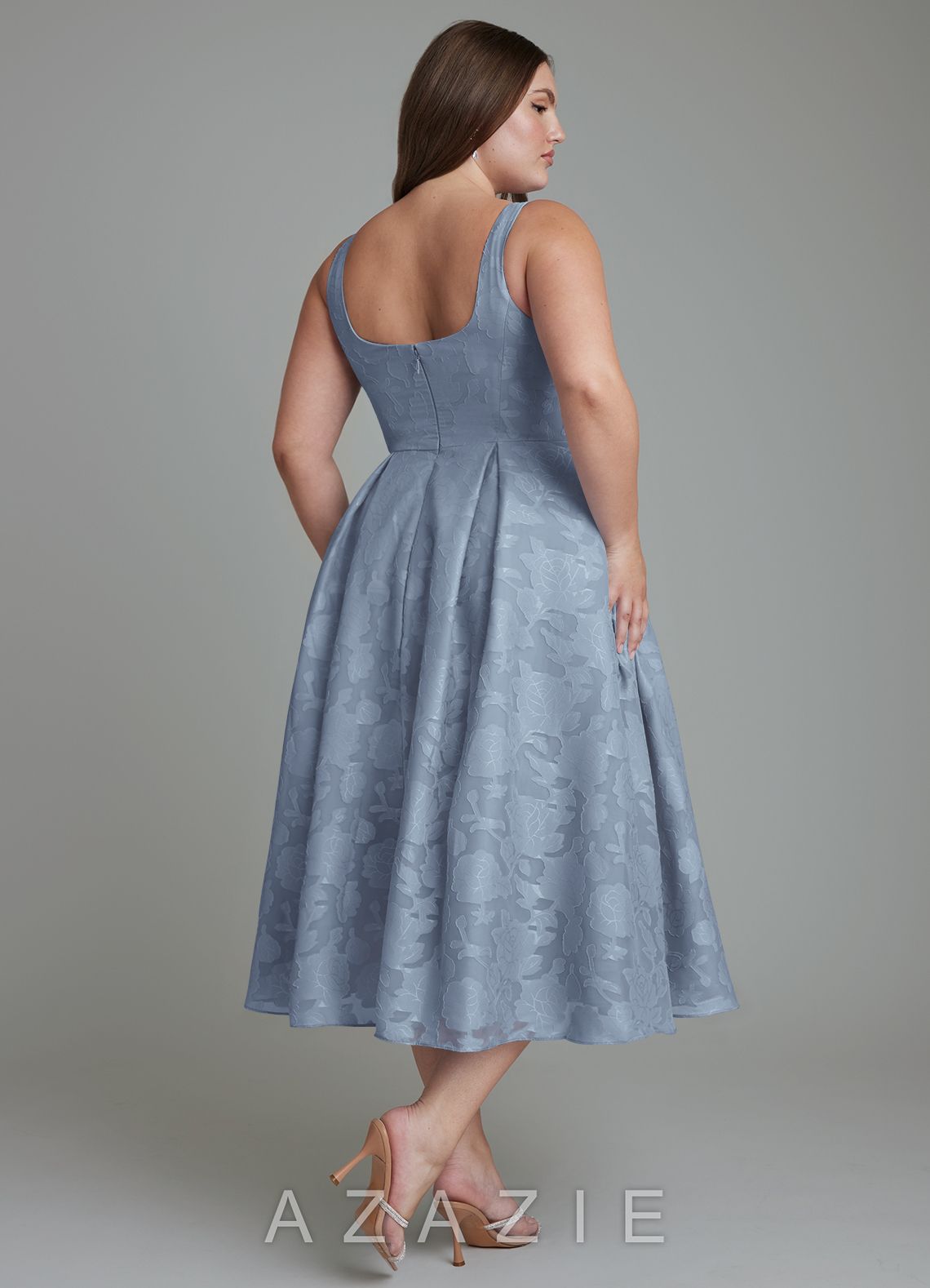 Azazie Amalie Dusty Blue A-Line Pleated Floral Burnout Dress dusty_blue