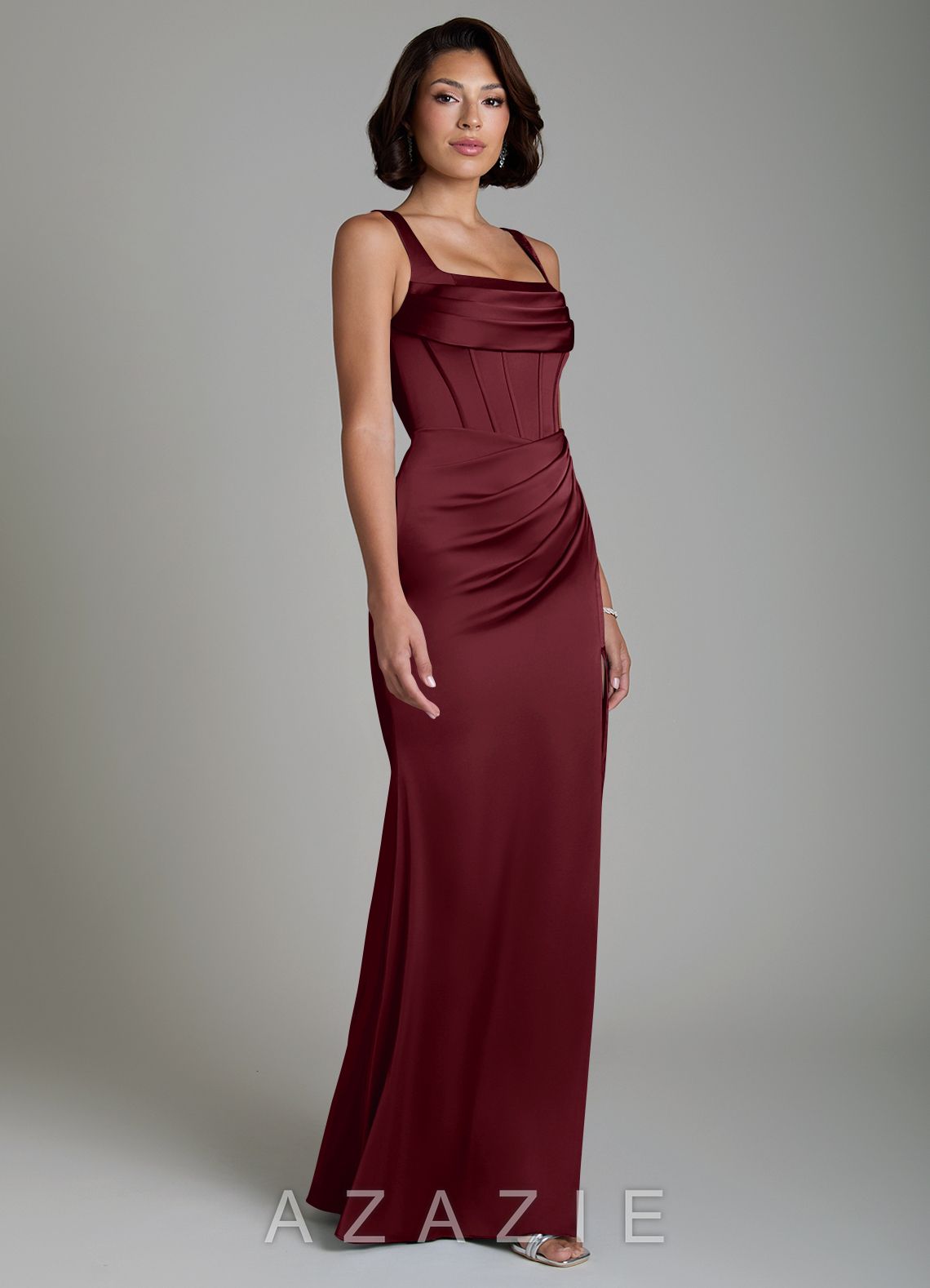 Azazie Amora Cabernet Mermaid Corset Stretch Satin Dress cabernet