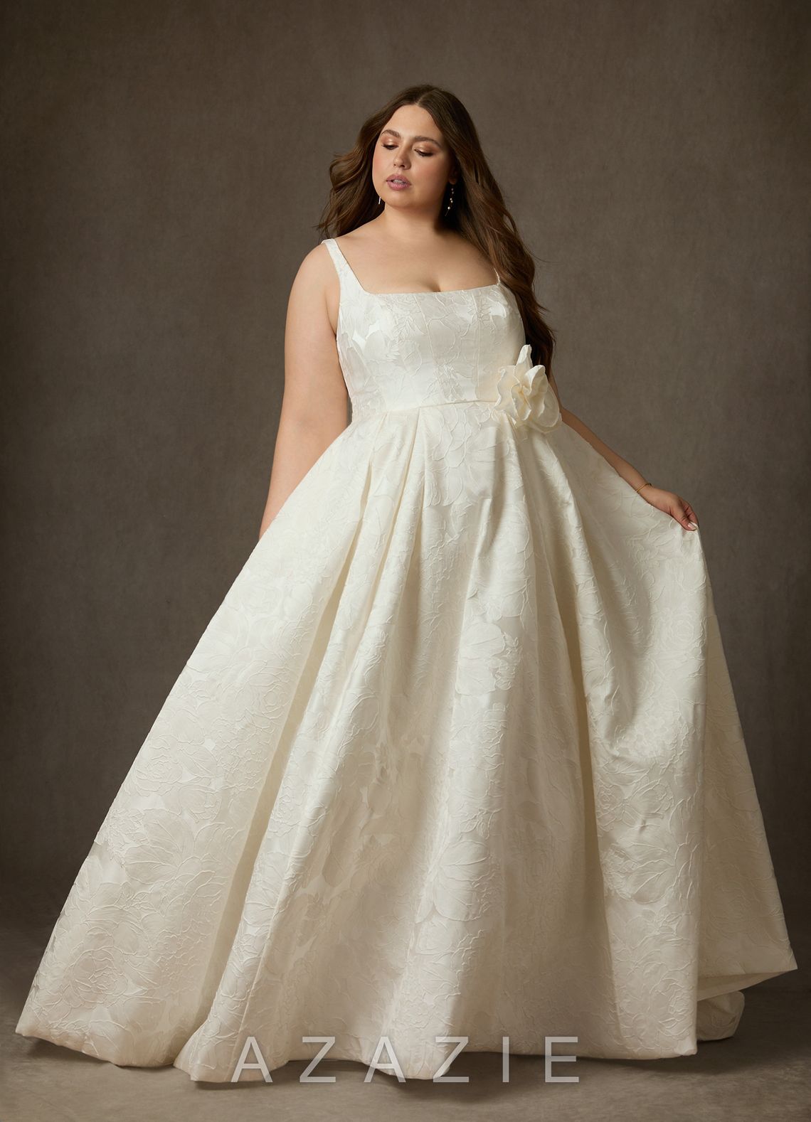 Azazie Ruby Antique White Ball-Gown with Pockets Floral Jacquard Dress antique_white