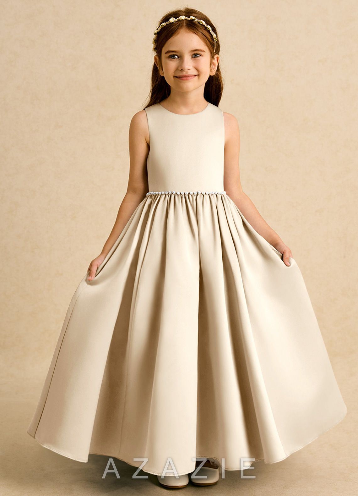 Azazie Daisies Champagne Ball-Gown Bow Matte Satin Dress champagne
