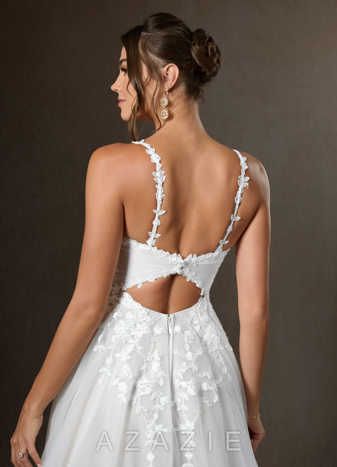 Azazie Devi Wedding Dress Diamond White A-Line V-Neck Lace Tulle Dress diamond_white
