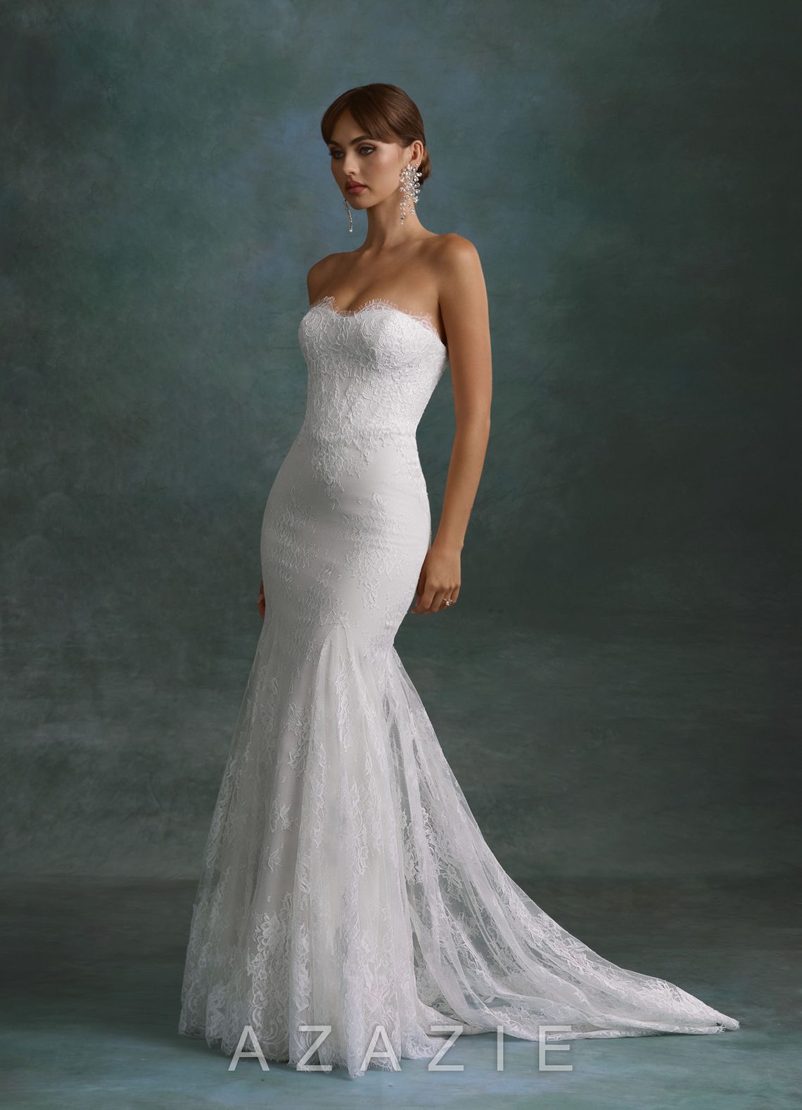 Azazie Dawna Diamond White Mermaid Strapless Lace Dress