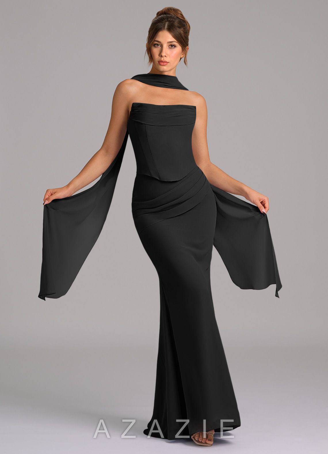 Azazie Sorrel Black Mermaid Corset Chiffon Dress