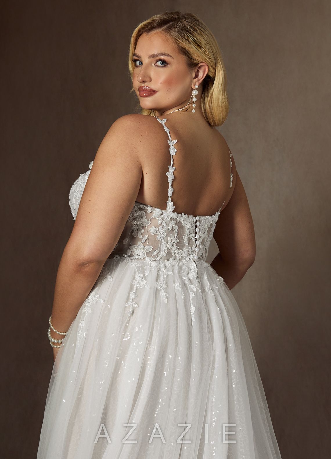 Azazie Florian Wedding Dress Diamond White A-Line V-Neck Sequins Tulle Dress diamond_white