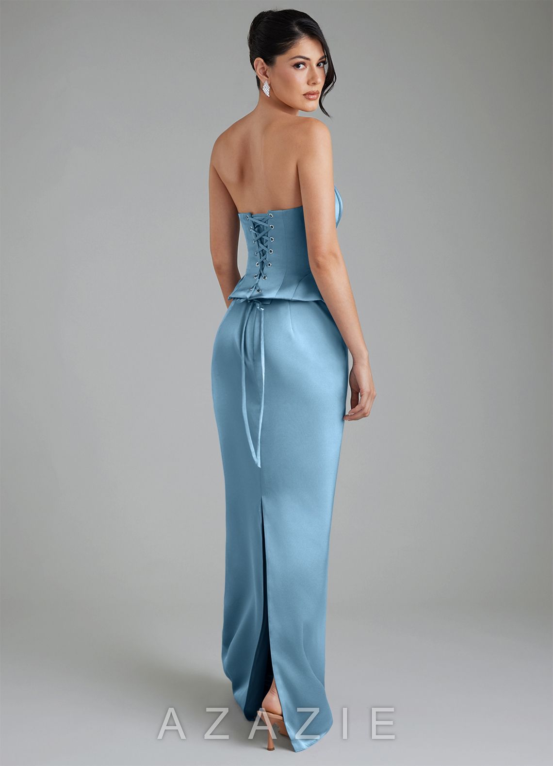 Azazie River Steel Blue Sheath Corset Stretch Satin Convertible Dress steel_blue