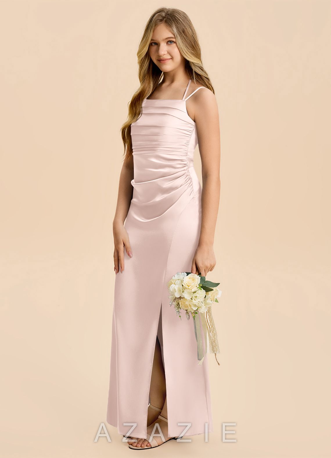 Azazie Nova Junior Blushing Pink Sheath Pleated Stretch Satin Dress blushing_pink