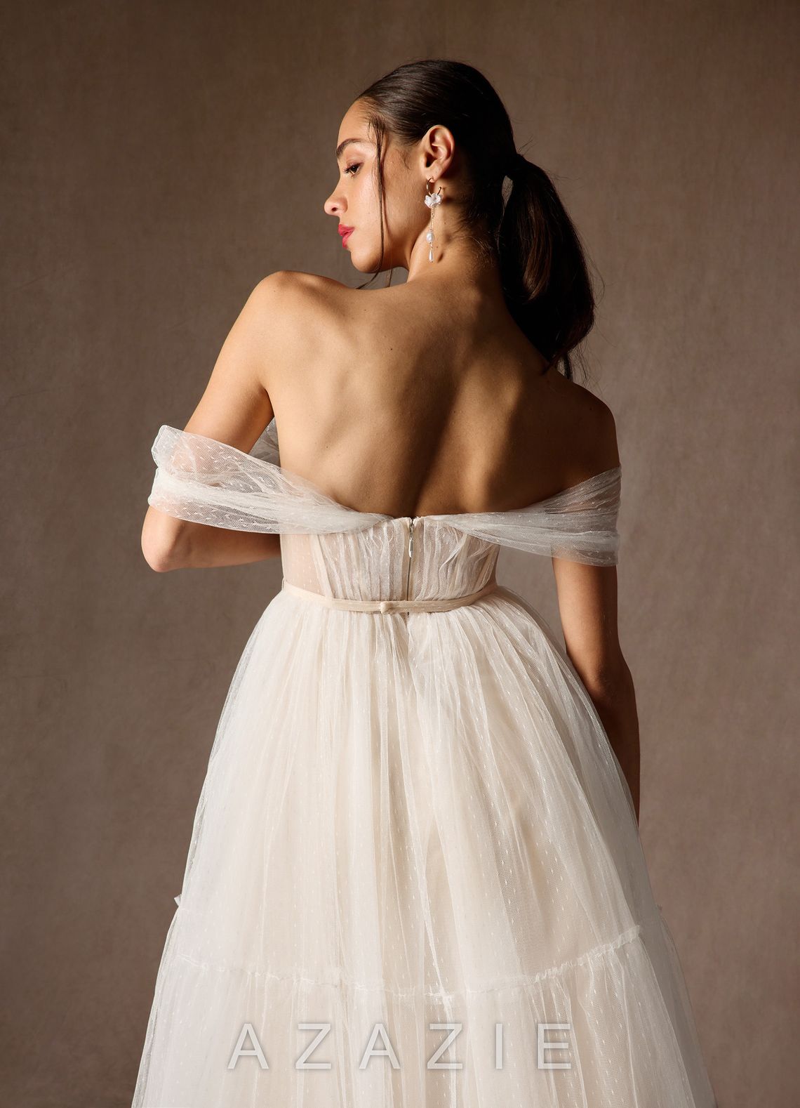 Azazie Vienna Wedding Dress Diamond White Champagne A-Line Off-The-Shouler Tulle Dress diamond_white/champagne