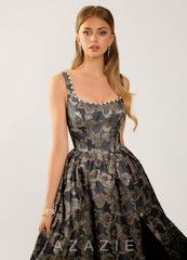 Cimaya Black Square-Neck Jacquard Prom Dress