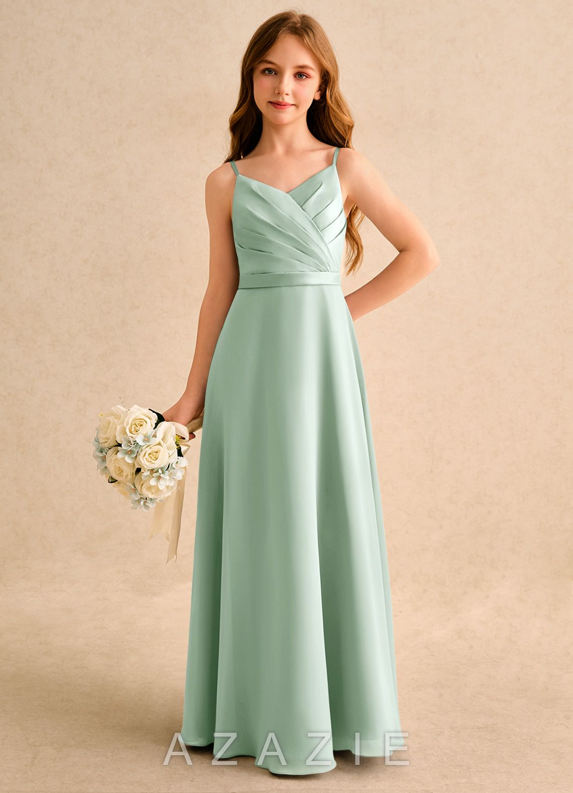 Azazie Umina Girls Formal Agave A-Line Pleated Matte Satin Dress agave