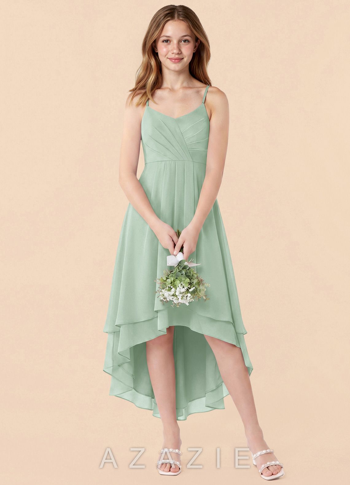 Azazie Mariam Junior Agave A-Line Pleated Chiffon Dress agave