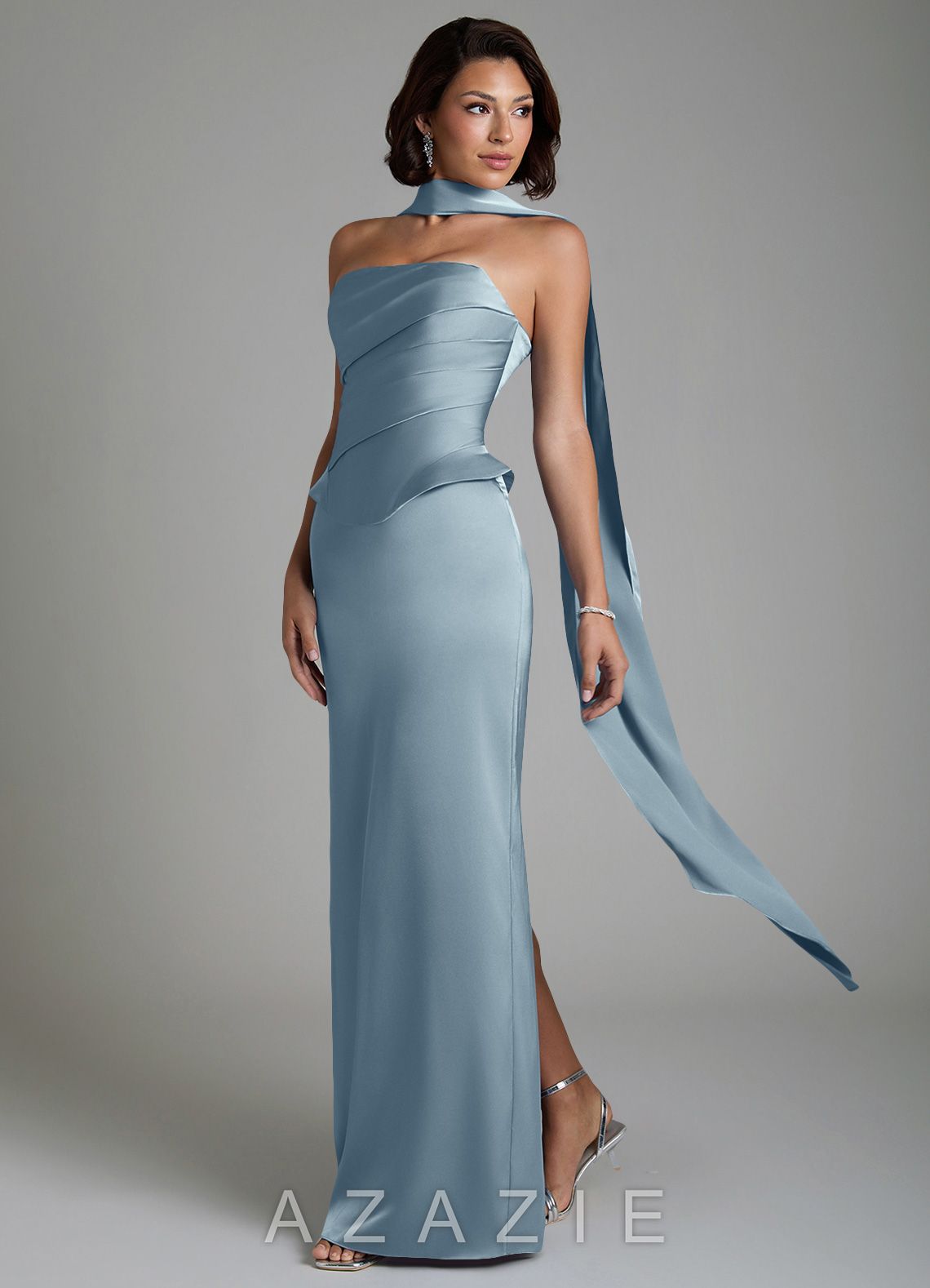 Azazie Harlow Dusty Blue Sheath Corset Stretch Satin Dress dusty_blue