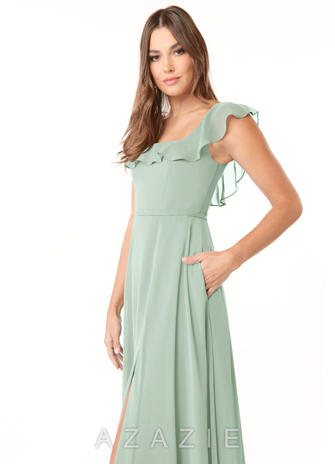 Azazie Jinny Agave A-Line Square Neckline Ruched Chiffon Dress agave