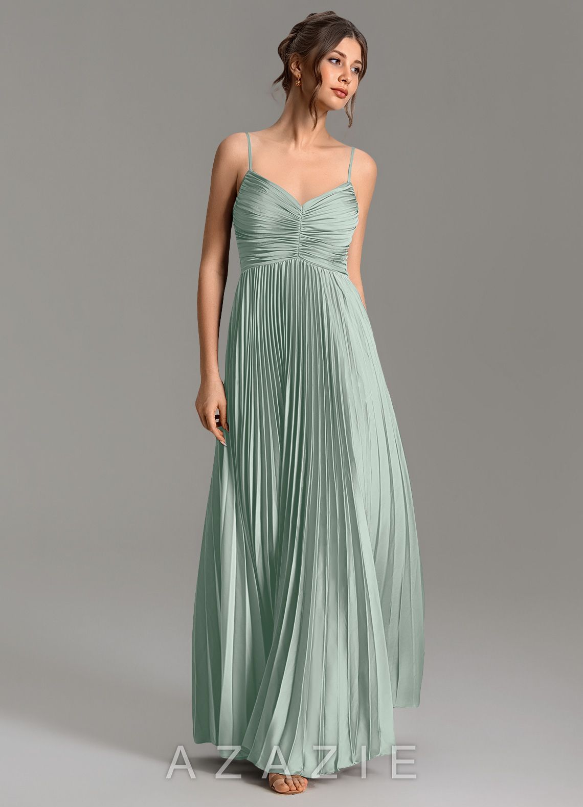 Azazie Blake Agave A-Line Pleated Stretch Satin Dress