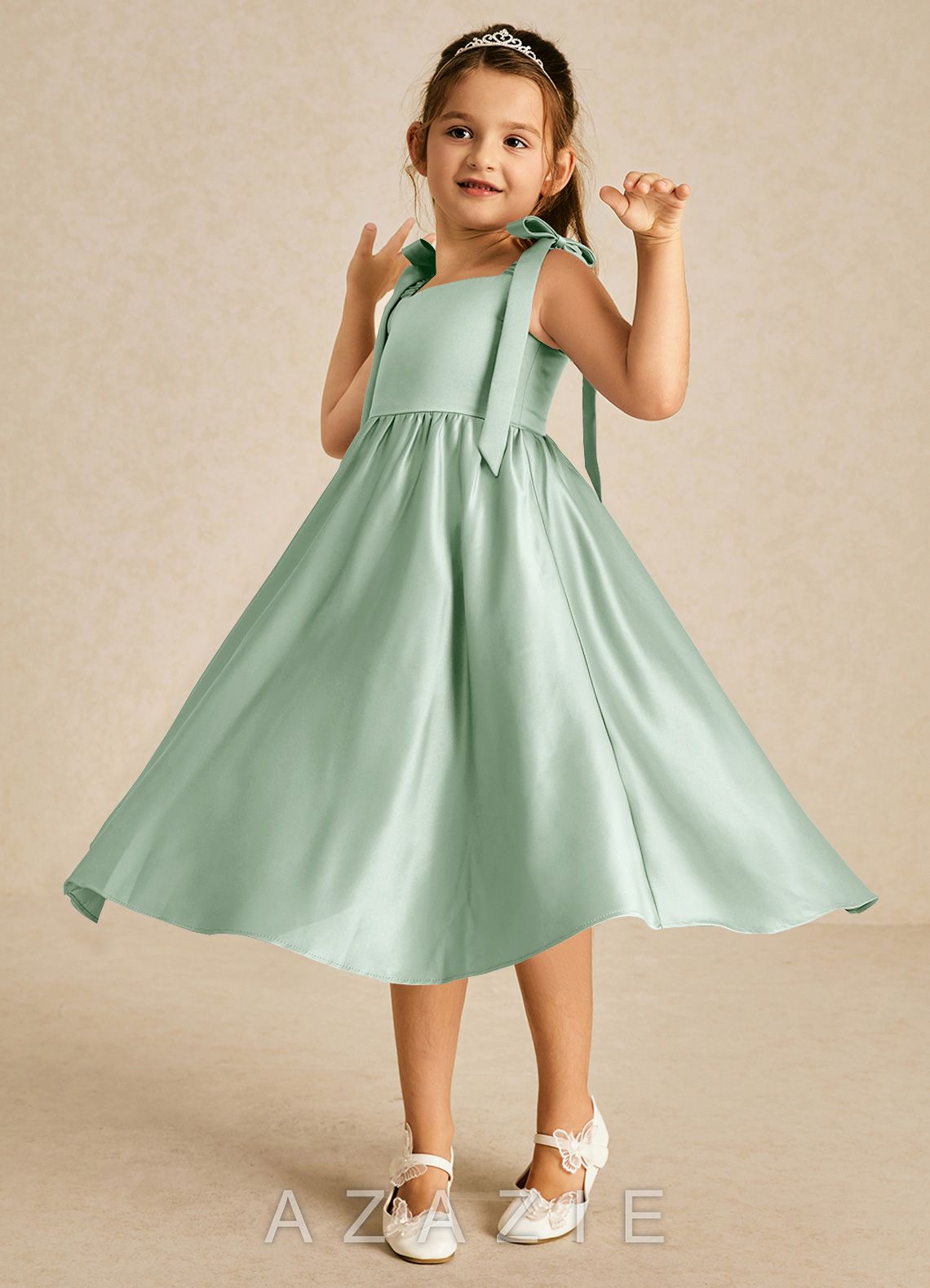 Azazie Chelsie Agave A-Line Bow Matte Satin Dress agave