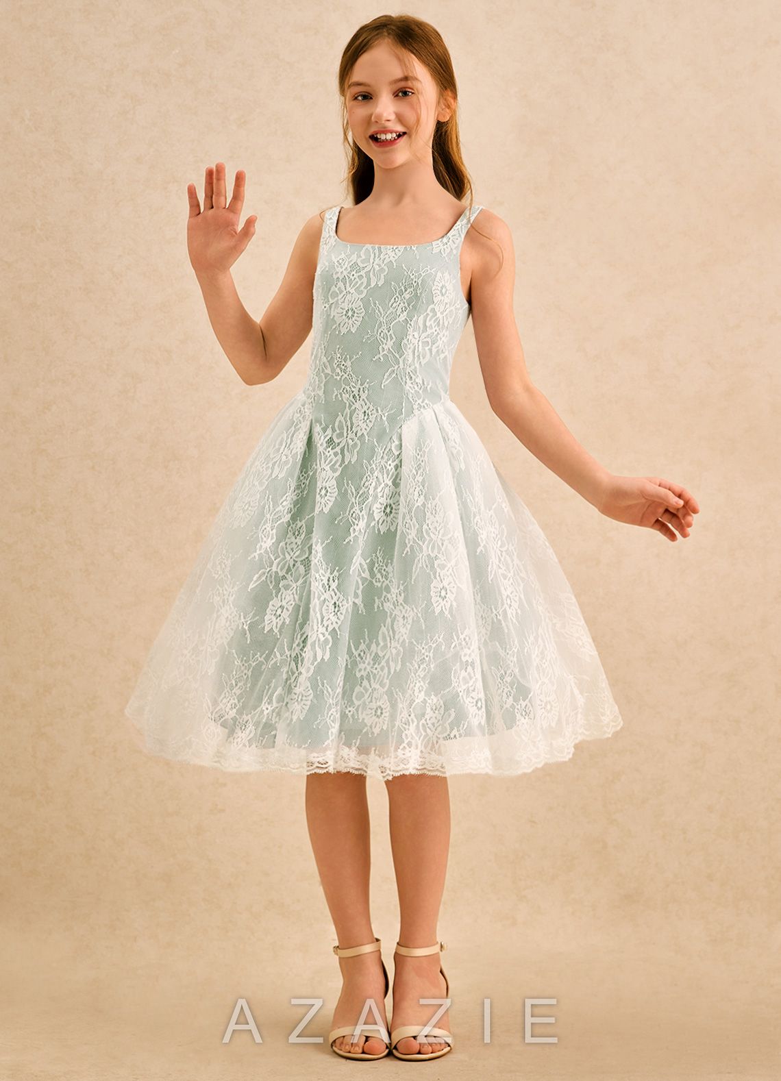 Azazie Cubbie Girls Formal Dusty Sage A-Line Lace Dress dusty_sage