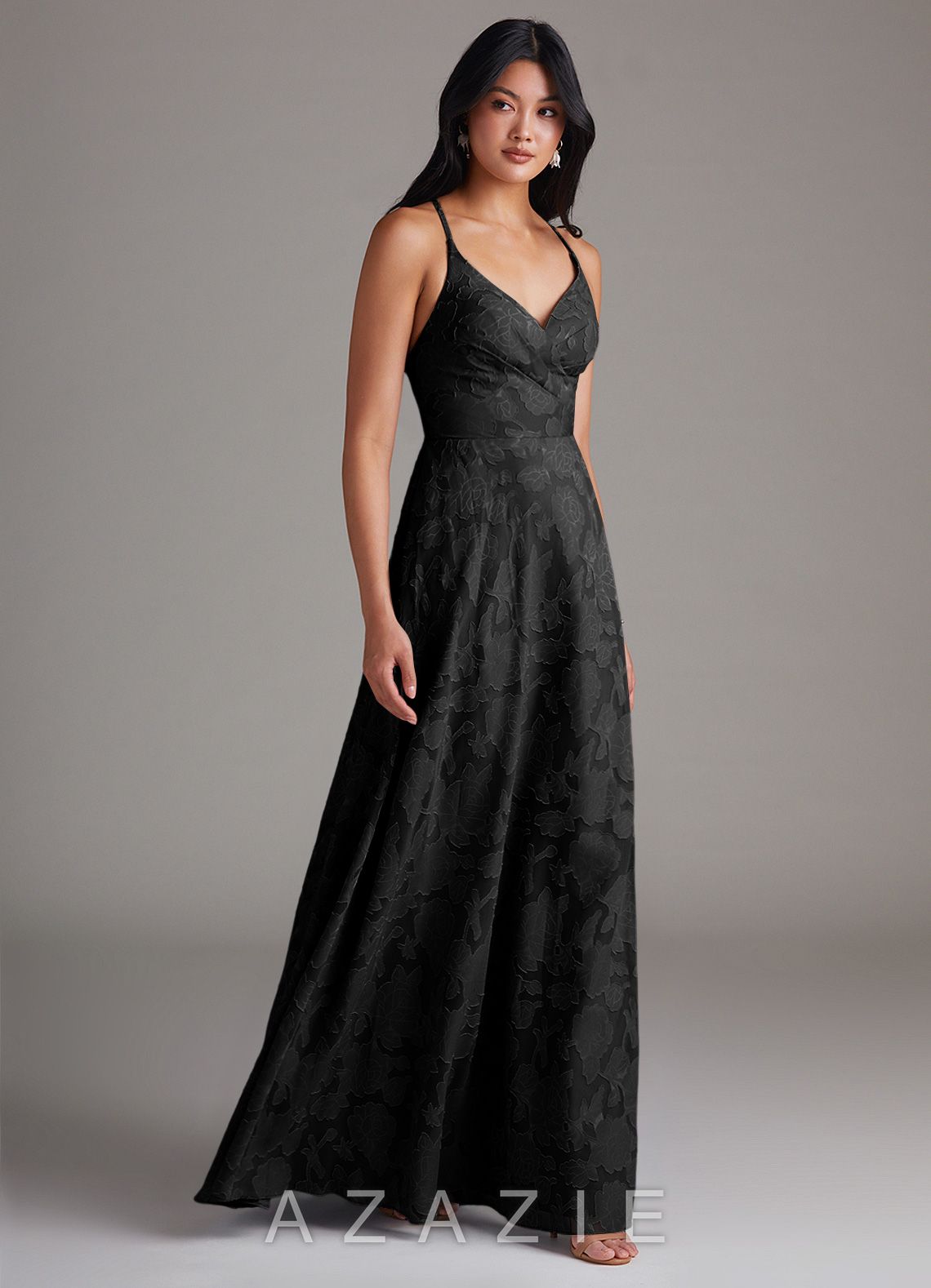 Azazie Davis Black A-Line Pleated Floral Burnout Dress black