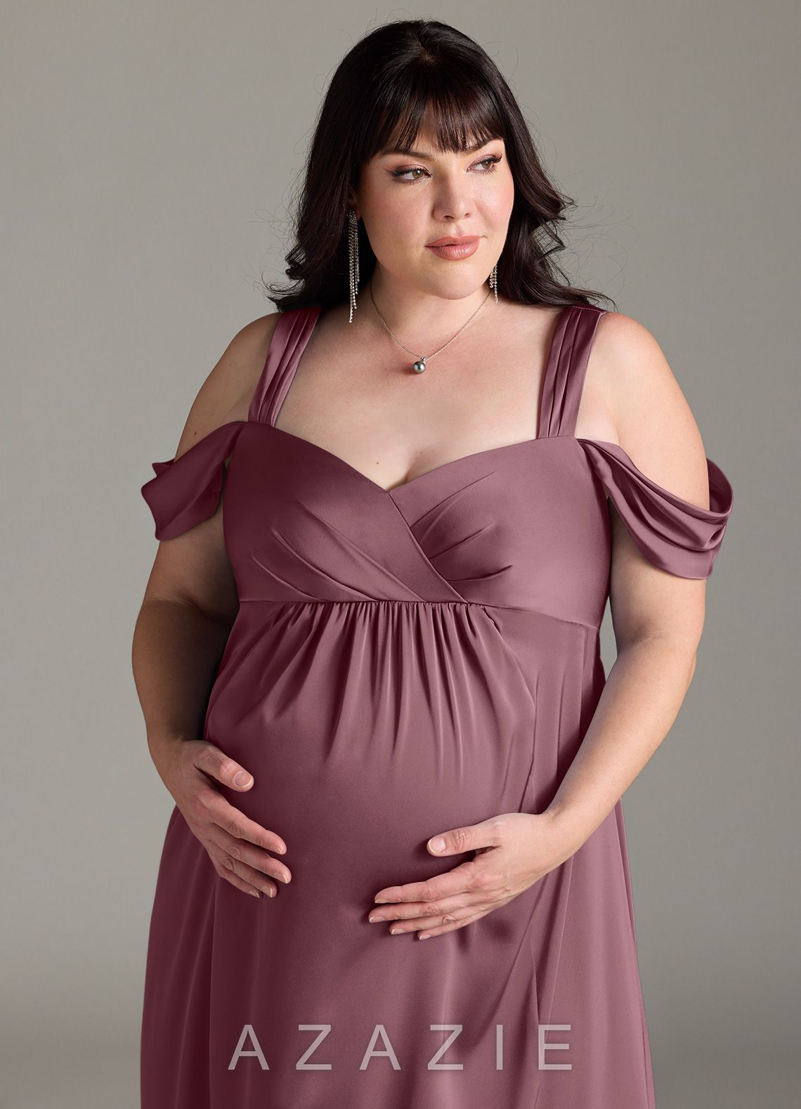 Azazie Rhea Stretch Satin Dress A-Line Off-The-Shouler Pleated Stretch Satin Floor-Length Dress amethyst