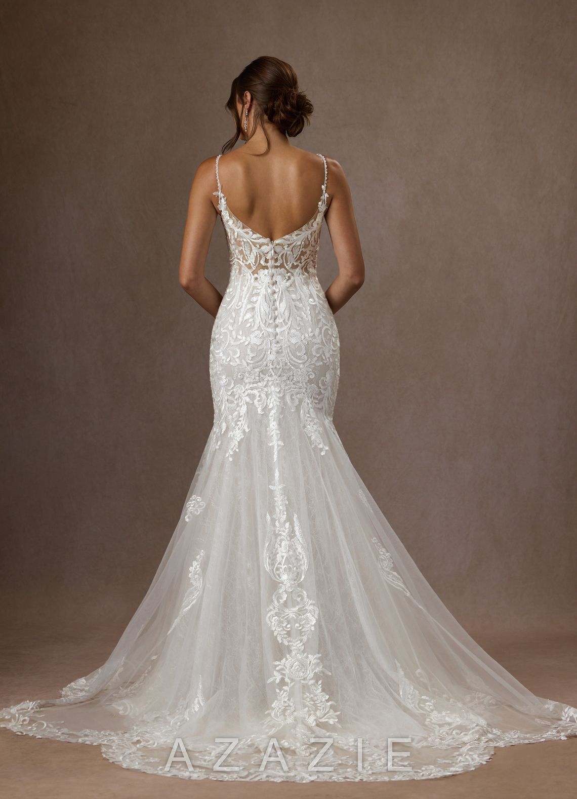Azazie Camlynn Wedding Dress Diamond White Mermaid V-Neck Sequins Tulle Dress diamond_white